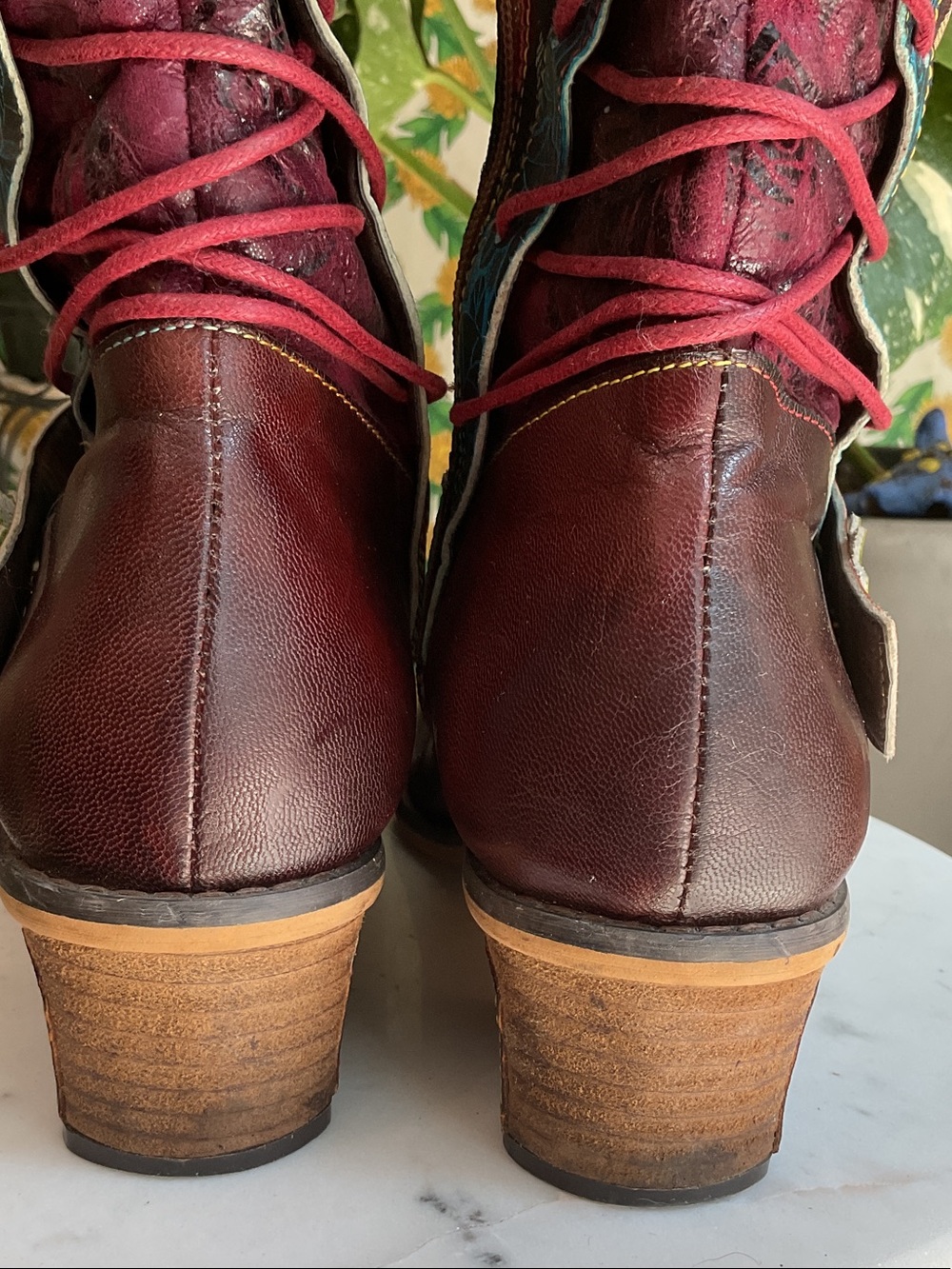 Floral Pattern Burgundy Leather-Trim Women's Knee Boots - Picture 7 of 7